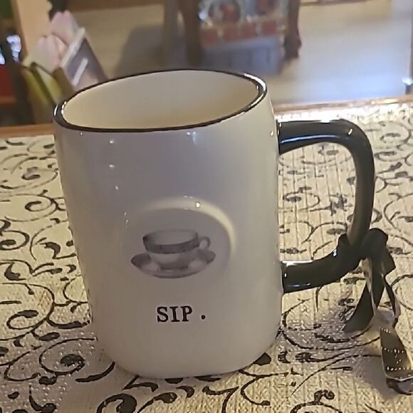 White Mug with Black Handle and Bow #1 - Picture 1 of 8